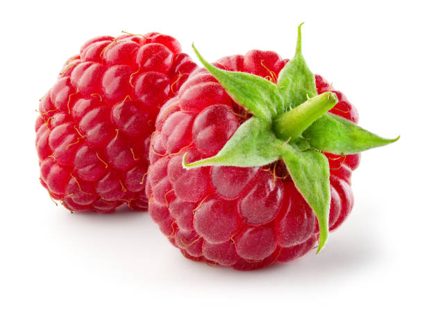 raspberry isolated. two red raspberries with green leaf isolate. raspberry with leaves isolated on white background. - framboesa imagens e fotografias de stock