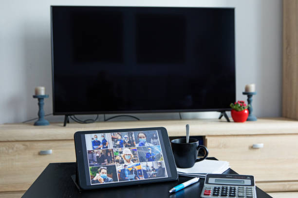 istock Multi screen Home Office Set Up for Webinar and Teleconference 1307163221