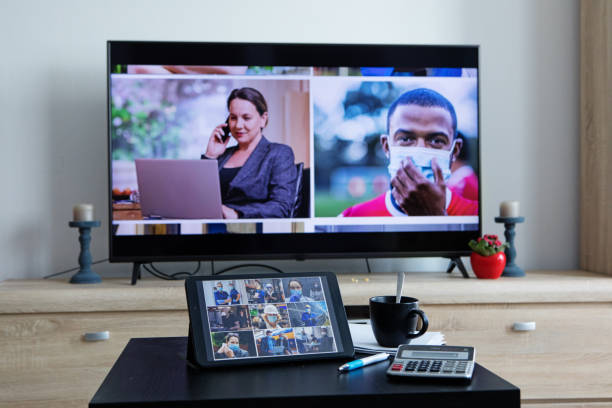 istock Multi screen Home Office Set Up for Webinar and Teleconference 1307164396
