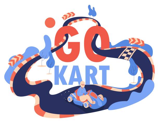 ilustrações, clipart, desenhos animados e ícones de ilustração conceito de kart desenhada em laranja e azul. ilustração vetorial com personagem no carro em capacete, pista e árvores com letras para estilo de vida ativo e corridas - go cart