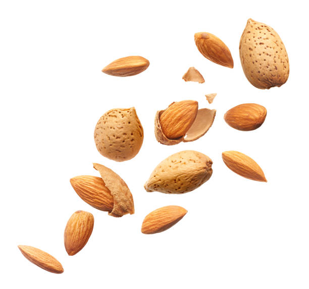 istock Group of almonds splashing over white background 1307178195