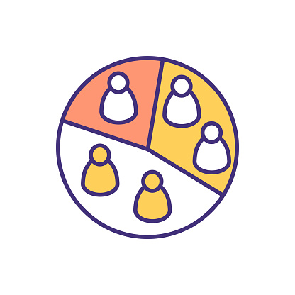 Audience segmentation RGB color icon. Dividing people into homogeneous subgroups. Audience analysis. Market segmentation. Based on behavior, product usage criteria. Isolated vector illustration