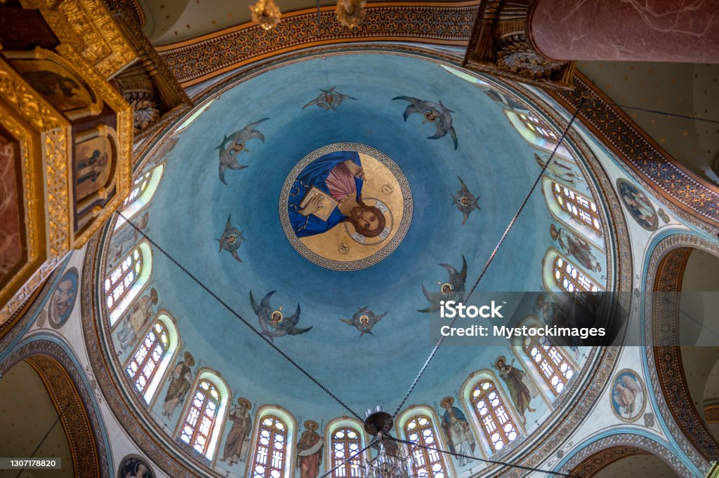 Coptic Cairo, interior of the dome of the church The Saint George's church in Cairo, blue paintings Coptic Stock Photo