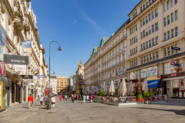 touristen laufen durch eine der berühmtesten fußgängerzonen graben street in wien, österreich im ersten bezirk der stadt - wiener graben stock-fotos und bilder