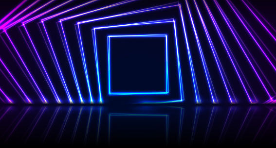 Blue and purple neon laser squares with reflection. Abstract technology background. Futuristic glowing vector design