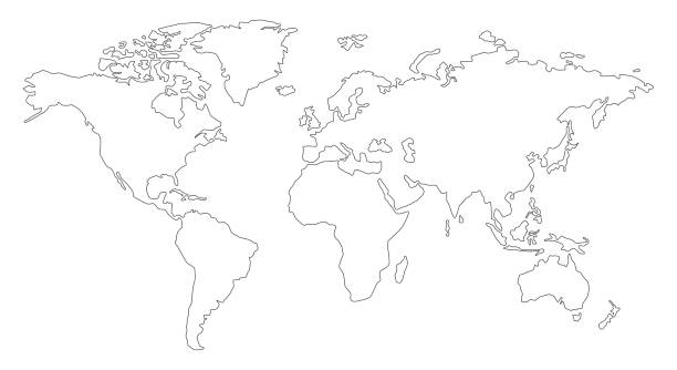 世界地図。手描きシンプルなスタイル化大陸シルエットは、最小限の線の輪郭の細い形状で。ベクトル図。 - 世界地図点のイラスト素材／クリップアート素材／マンガ素材／アイコン素材