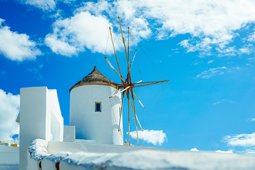 Famous wind mill in village Oia (Ia) on Santorini island.