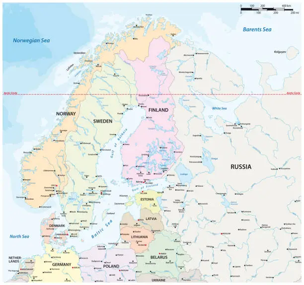 Vector illustration of vector map of northern europe with major cities and bodies of water