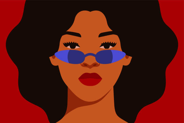 Young African American woman with curly black hair in blue sunglasses with reflection. Black strong girl on a red background Young African American woman with curly black hair in blue sunglasses with reflection. Black strong girl on a red background, front view. Vector illustration black hair illustrations stock illustrations