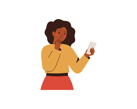 Black woman holds mobile phone with doubt face and has some problem with it. African American girl looks at her smartphone with thoughtful expression. Business character vector illustration