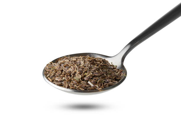 dill seeds in steel spoon isolated on white background