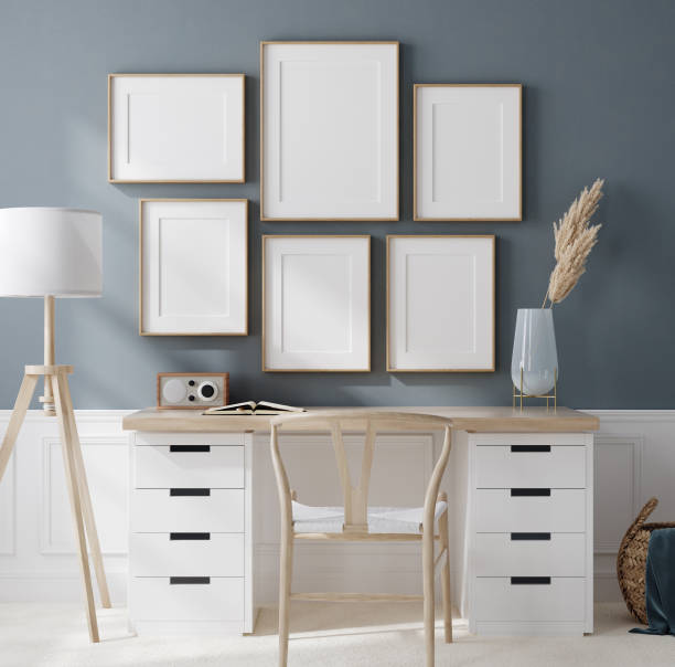 istock Cozy work place in home interior background with frame mockup 1307183138