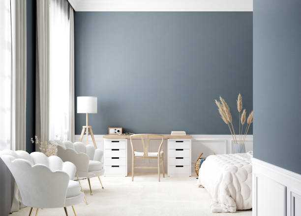 istock Contemporary bedroom interior in white and blue colors 1307184037