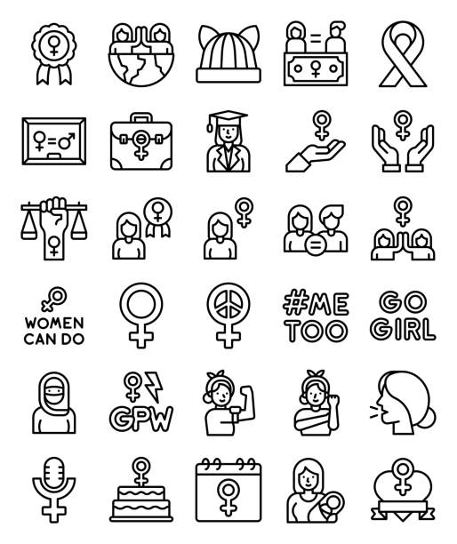 ilustrações, clipart, desenhos animados e ícones de conjunto de ícones de linha relacionados ao feminismo, ilustração vetorial - direitos da mulher