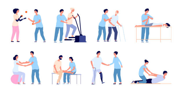 illustrazioni stock, clip art, cartoni animati e icone di tendenza di fisioterapia. cure mediche, terapia riabilitativa delle lesioni. allenamento fisico sanitario, fisioterapista medico con set vettoriale totale paziente - therapy