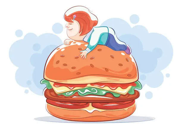 Vector illustration of little girl lying on big hamburger