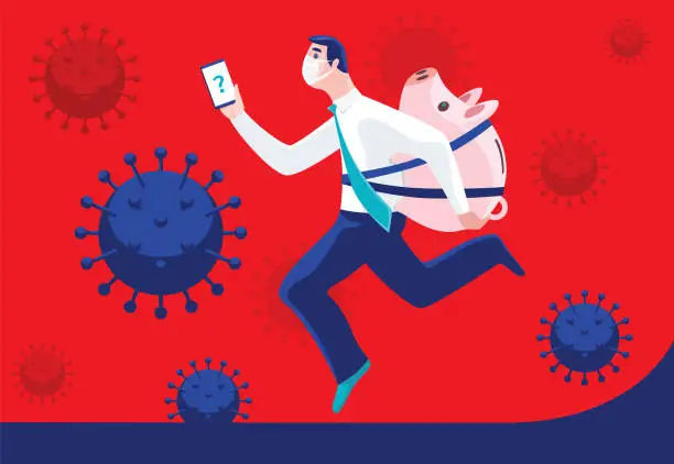 Vector illustration of businessman wearing face mask and carrying piggybank with smartphone