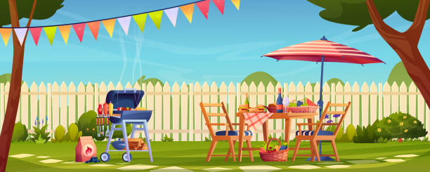 barbekü, yiyecek ve içecekler arka bahçede bahçe partisi, masa ve sandalyeler, şemsiye servis. vektör meyve ve sebzeler, şarap ve bira, şiş ve hamburger üzerine et. yeşil çimenler ve çitler, ağaçlar, tatil bayrakları - backyard stock illustrations