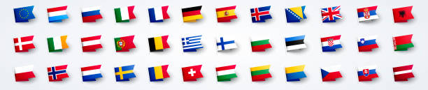 ilustraciones, imágenes clip art, dibujos animados e iconos de stock de ilustración vectorial bandera europea gigante con banderas de países de europa. - españa suecia