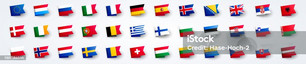 Vektör illüstrasyon dev Avrupa bayrağı Avrupa ülke bayrakları ile ayarlanır. - Royalty-free Bayrak Vector Art