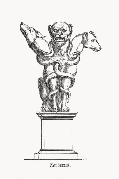 ilustraciones, imágenes clip art, dibujos animados e iconos de stock de cerberus-hound of hades, mitología griega, grabado en madera, publicado en 1893 - zu hell