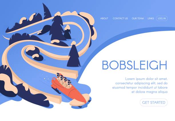 Bobsleigh landing page template concept drawn in blue color with snowy trees landscape and people team in professional sled Bobsleigh landing page template concept drawn in blue color with snowy trees landscape and people team in professional sled extreme sports technology stock illustrations