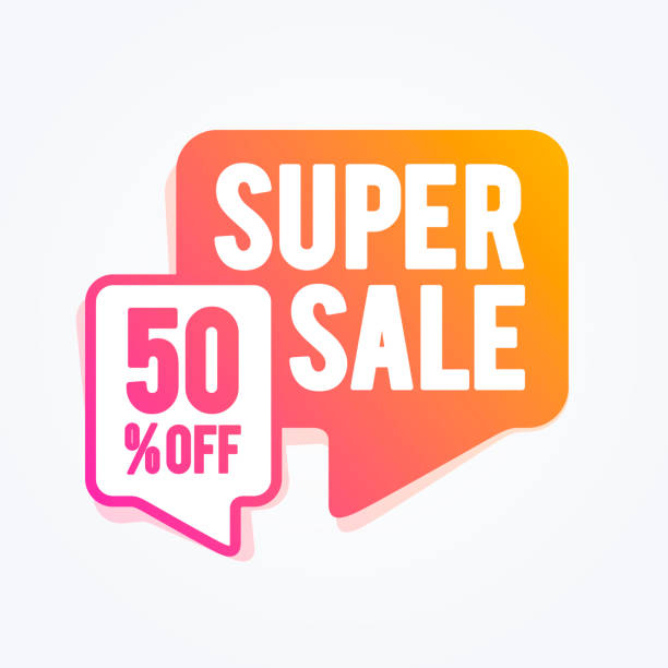 벡터 일러스트 슈퍼 세일 50% 오프 스피치 버블 - bubble large percentage sign symbol stock illustrations