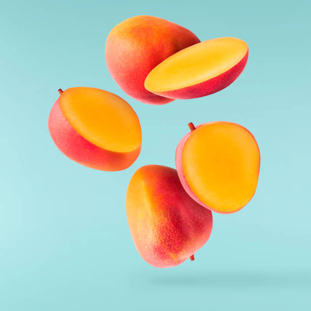 Fresh ripe mango falling in the air Fresh ripe mango falling in the air isolated on turquoise background. Food levitation concept. High resolution image mango stock pictures, royalty-free photos & images