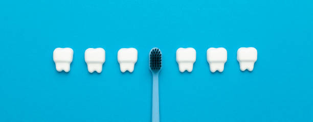 higiene bucal diaria. dientes y cepillo de dientes sobre un fondo azul - premolar fotografías e imágenes de stock