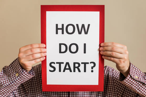 istock Man holding paper with text how do I start 1307188622
