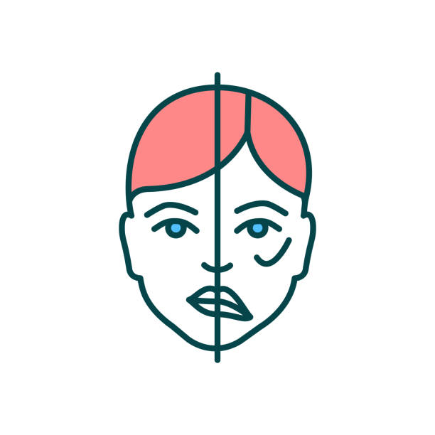 Face paralysis RGB color icon Face paralysis RGB color icon. Brain tumor sign. Muscles moving disability. Heart stroke aftermath. Brain damage and disease. Bell palsy. Uncontrolled face expression. Isolated vector illustration drooping stock illustrations