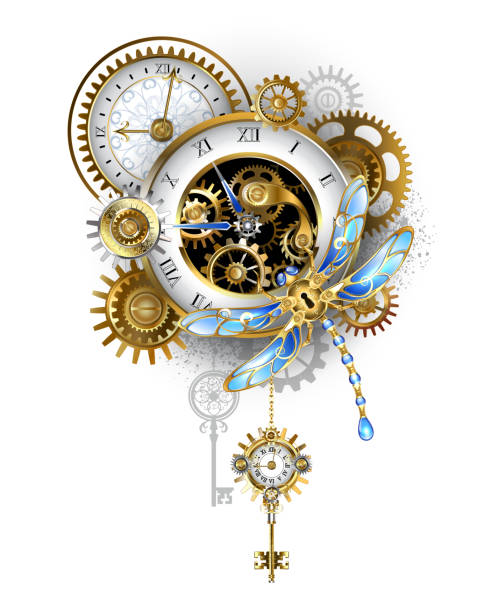 Steampunk dragonfly with clock Mechanical steampunk dragonfly with blue wings and gold antique clock, golden gears on white background. Steampunk style. steampunk fashion stock illustrations