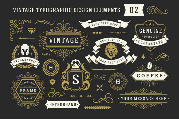 vintage typografische dekorative ornament design elemente set vektor-illustration - nobility stock-grafiken, -clipart, -cartoons und -symbole