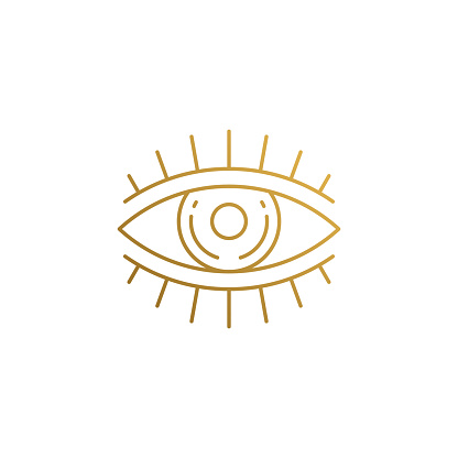 Simple vector illustration of linear style icon design template of open eye with eyelashes hand drawn with thin golden lines