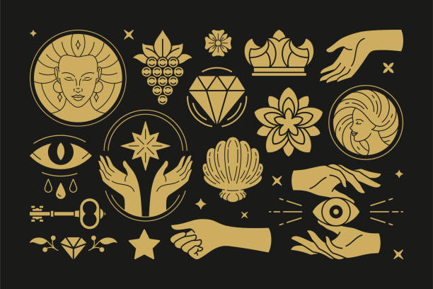 ilustrações, clipart, desenhos animados e ícones de magia esotórica e elementos de design de vetores de bruxas definidos com gestos de mãos femininas - alquimia
