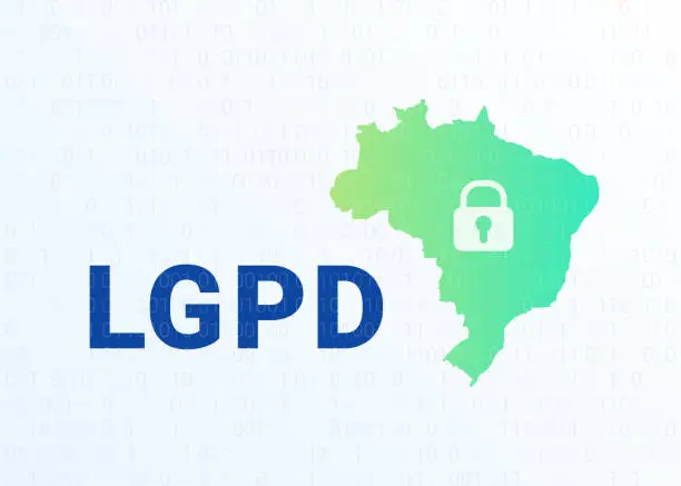 Vector illustration of LGPD - the Lei Geral de Prote o de Dados Pessoais - Portuguese. English - General Personal Data Protection Law. Vector background with lock and map of Brazil