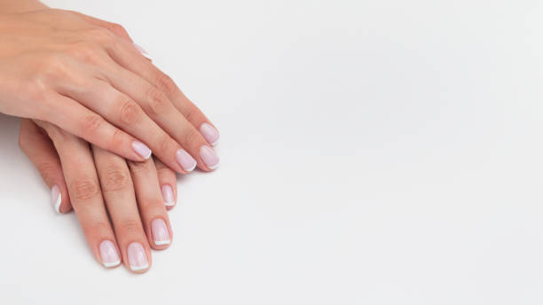 istock French manicure. Nails covered with gel polish on a white background with copy space, banner, wide format. Natural manicure with camouflage base. Female hands close up, beauty salon concept 1307192756