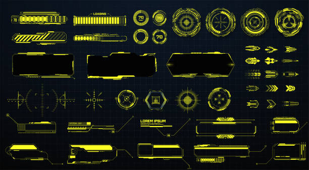 GUI, HUD, UI futuristic elements set. Sci Fi  Holographic hud user interface elements, high tech bars and frames. Isolated arrows, pointers, loading, circles, sight, callout bar labels. Vector GUI, HUD, UI futuristic elements set. Sci Fi  Holographic hud user interface elements, high tech bars and frames. cyberpunk stock illustrations