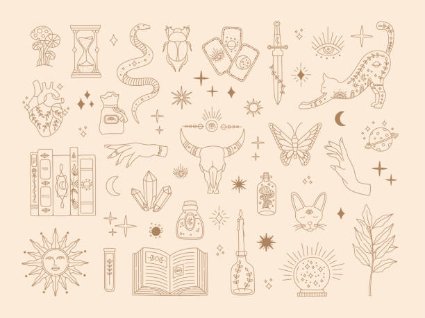 Witchcraft sacred big set, mystic magical symbols Witchcraft sacred big set, mystic magical symbols for flash tattoo, hand drawn mystery gold line art collection, modern boho style elements sun, stars, eye, potion. Vector icons and logo illustration simple snake tattoo drawings stock illustrations