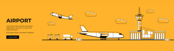 иллюстрация аэропорта - air traffic control tower airport runway air travel stock illustrations