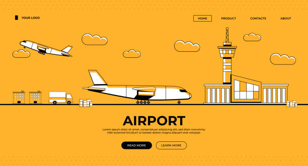 Airport Web Banner Illustration Airport Flat Style of Logistics and Delivery Industry Illustration Template air traffic control tower stock illustrations