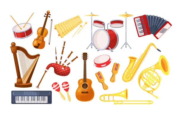 Vector illustration of Set various musical metal wood acoustic instruments: violin, tambourine, harp, trombone, bagpipe, saxophone, accordion, guitar, drum, tambourine, synthesizer, bagpipes, maracas, rumba vector