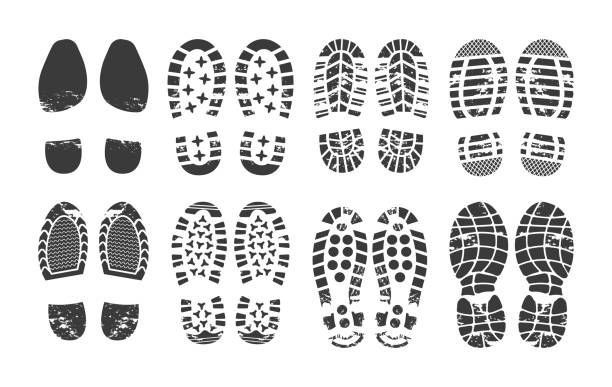 Human footprint. Footwear steps silhouette, shoes, boots, sneakers footstep print of men and women, textured steps. Dirty shoes print, shoes footprints on asphalt and ground, step silhouette Human footprint. Footwear steps silhouette, shoes, boots, sneakers footstep print of men and women, textured steps. Dirty shoes print, shoes footprints on asphalt and ground, step silhouette vector. shoe print stock illustrations