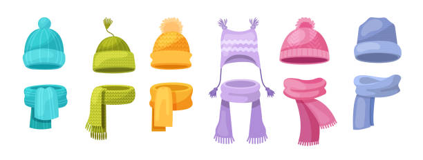 Cute knitted warm autumn and winter clothing. Warm kids boy and girl hats and scarves. Headwear and accessories, children clothes accessory for cold weather vector Cute knitted warm autumn and winter clothing. Warm kids girl hats and scarves. Headwear and accessories, children clothes accessory for cold weather cartoon vector headwear stock illustrations