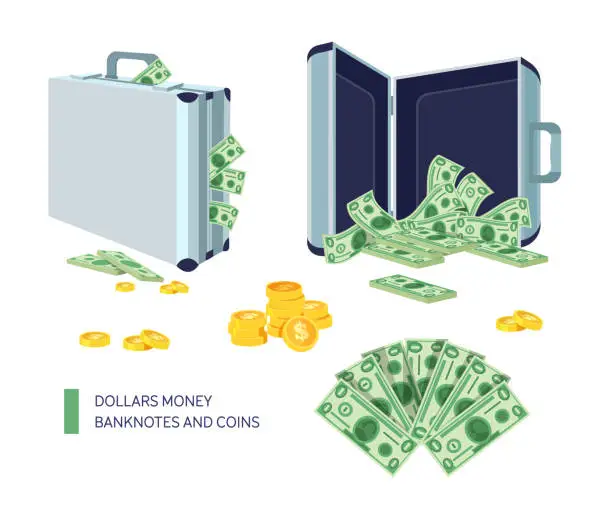 Vector illustration of Briefcase with dollar bills in a closed and open suitcase. Dollars money banknotes and coins. Treasure bag, bonus game element coins vector
