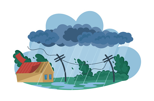 Natural disasters Tropical cyclones. Swirling tornado in village destroy houses, tropical rainstorm with strong wind breaks trees blows off roof of building. Huge wind, waterspout storm cartoon vector