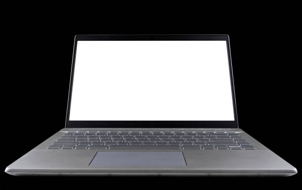 istock Laptop computer PC with blank screen mock up isolated on black background. Laptop isolated screen with clippin path. PC computer white screen with copy space. Empty space for text. 1307195581