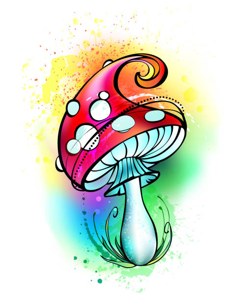 Bright Amanita Artistically drawn, amanita with a bright red hat on white background painted with colorful paint. Fabulous mushroom. Amanita muscaria. drug addiction tattoos stock illustrations