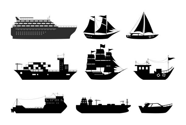 Maritime ships silhouette, shipping boats, sailboat, yacht sailing, cargo cruise ship, steamship, vessel, frigate with sails, battleship, tanker. Water transportation boat tourism transport Maritime ships silhouette, shipping boats, sailboat, yacht sailing, cargo cruise ship, steamship, vessel, frigate with sails, battleship, tanker. Water transportation boat tourism transport vector ferry nautical vessel industrial ship sailing ship stock illustrations