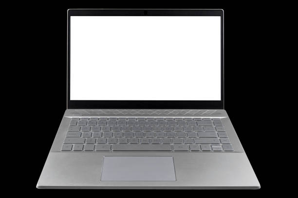 istock Laptop computer PC with blank screen mock up isolated on black background. Laptop isolated screen with clipping path. PC computer white screen with copy space. Empty space for text. 1307195638